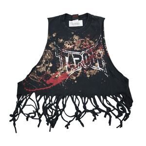 Tap Out Shirt Womens L Black Sleeveless Round Neck Fringe Hem Logo Print Top